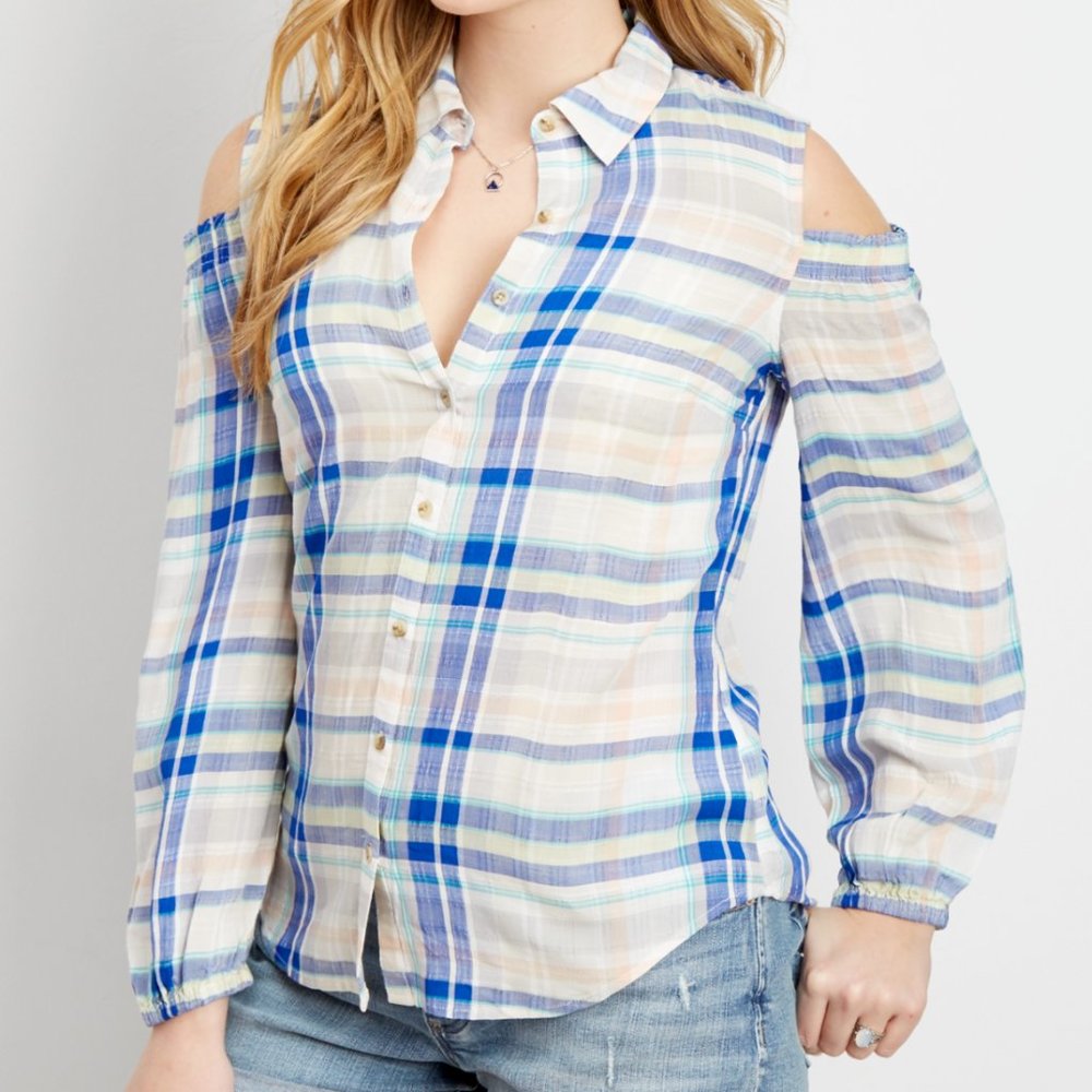 Maurices XL White Blue Plaid Check Cold Shoulder Button Down Shirt Top Boho